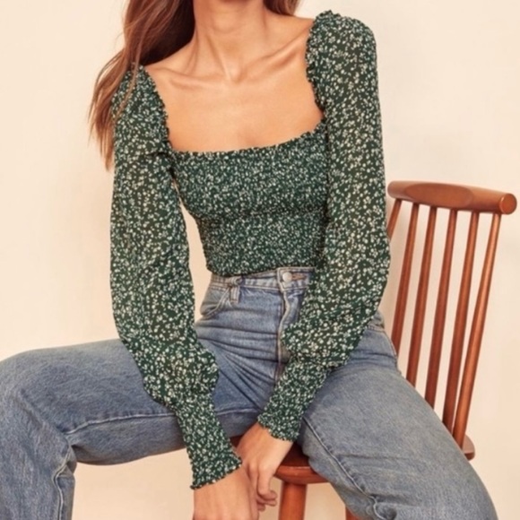 Reformation Emerald Smocked Blouse NWOT - Picture 3 of 7
